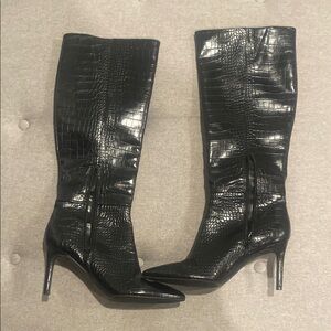 Black Croc-Embossed Knee-High Boots